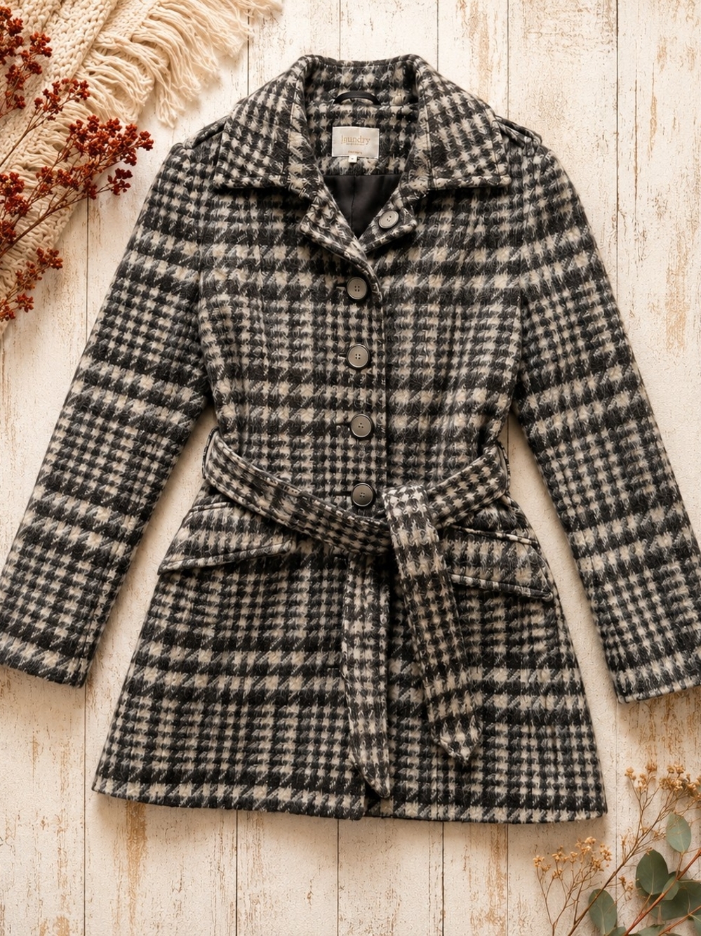 Laundry by Shelli Segal Houndstooth Wool Blend Belted Coat Size 8 -PTP 21"